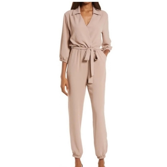 Fraiche by J Tie Balloon Jumpsuit Collared 3/4 Sleeve Taupe Womens Size S - Picture 1 of 9